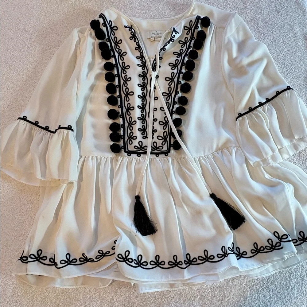 Kate Spade White Black Pom Pom Embroidered Peplum Blouse XS